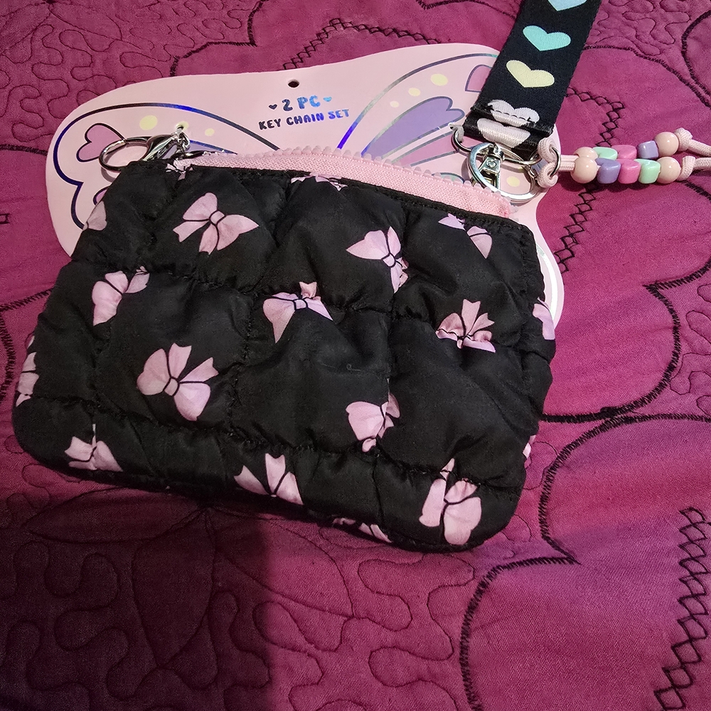 Black and Pink Heart And Bow Keychain Set